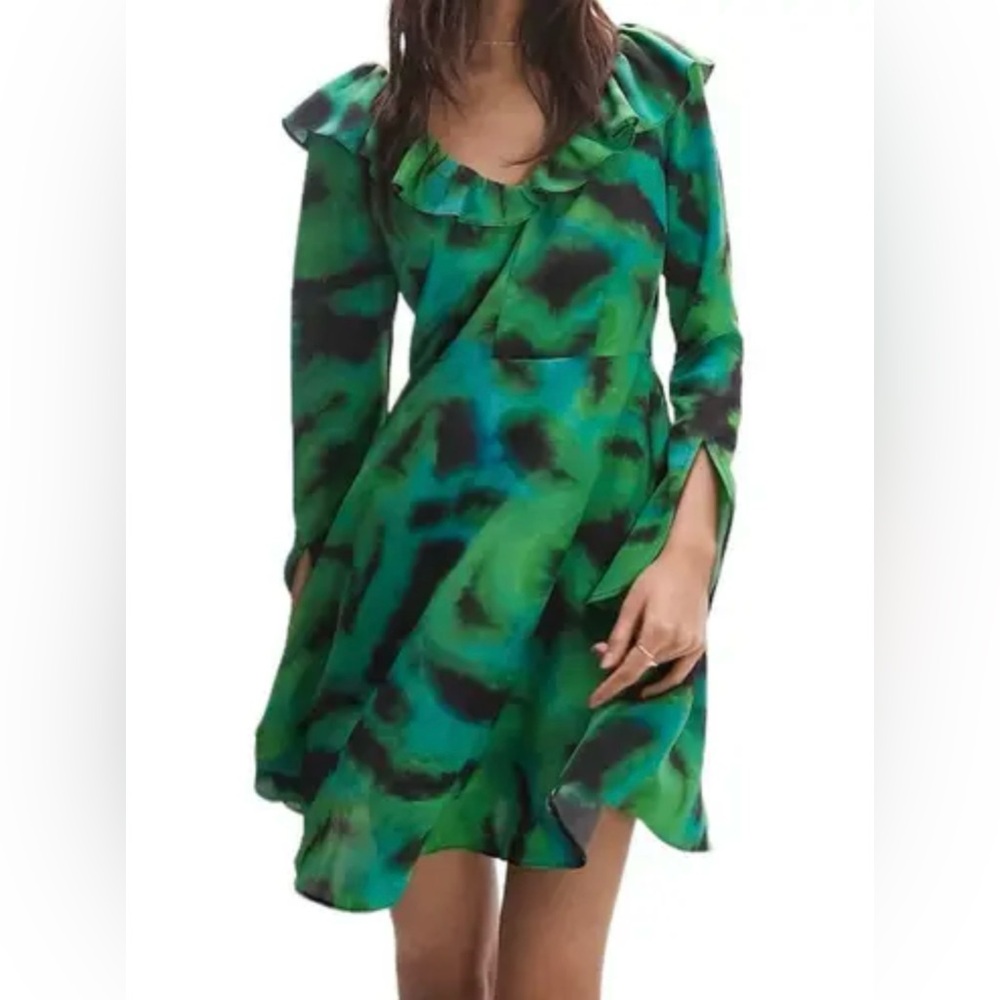 Topshop Printed Ruffle Neck Split Cuff Long Sleeve Short Dress Green Size 6 NWOT
